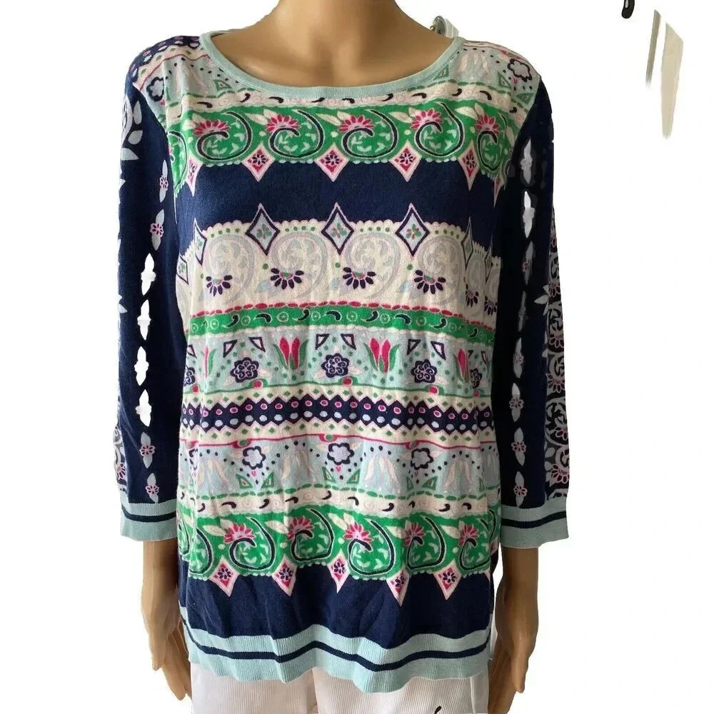 Talbots Womens XLp Silk Blend Sweater Pullover Floral Tapestry Round Neck Soft